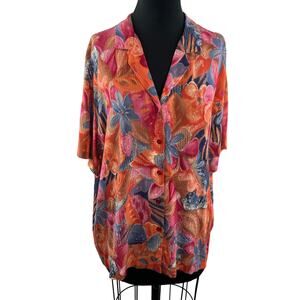 Hilo Hattie Multicolor Hawaiian Top Floral Button Front Short Sleeve Sz Large L